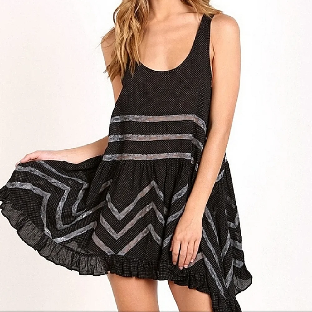 Free People Intimately Trapeze Black and Gray Lace Slip Dress, Large - Picture 2 of 5